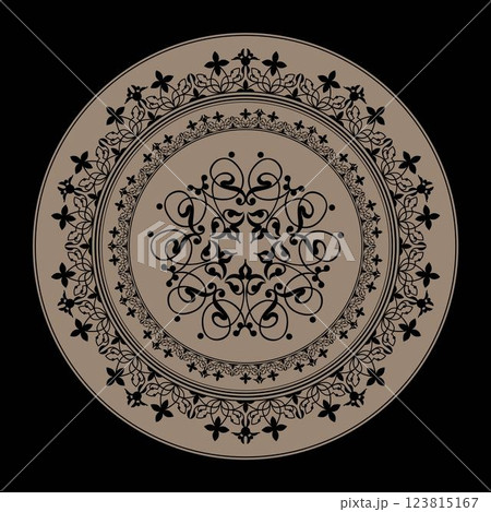 Beautiful Vintage gold round frame with floral ornament, arabesque. Golden plate with lace design. Vintage frame with arabesques. Pattern frame for round surfaces, embroidery, porcelain, ceramics. EPS 123815167