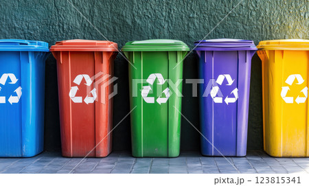 Empty color-coded recycling bins, including paper, plastic, glass, and metal, promoting responsible waste management and sustainability. Empty color-coded recycling bins, including paper, plastic, glass, and metal, promoting responsible waste management and sustainability. 123815341