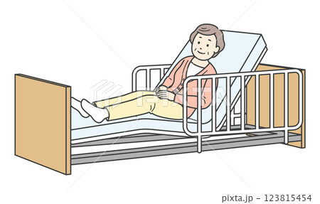 ベッドで横になる高齢女性と介護ベッドのイラスト 123815454