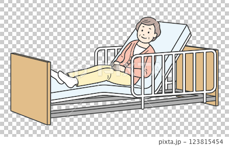 ベッドで横になる高齢女性と介護ベッドのイラスト 123815454
