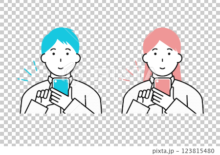 Illustration of a young man and woman using a smartphone 123815480