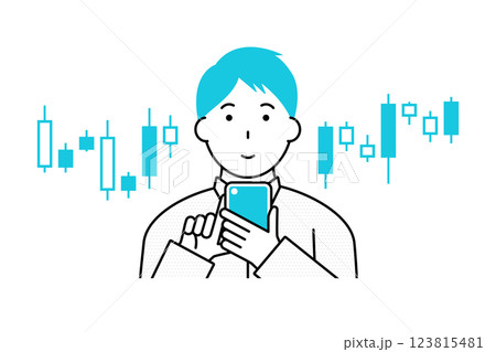 スマホで株取引を行う若い男性のイメージイラスト スマホで株取引を行う若い男性のイメージイラスト 123815481