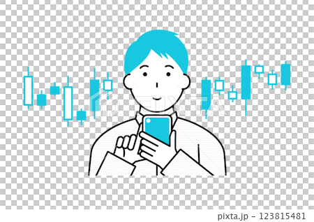 スマホで株取引を行う若い男性のイメージイラスト スマホで株取引を行う若い男性のイメージイラスト 123815481