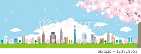 桜咲く春の街並みのイラスト.  123815653