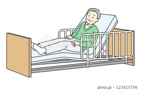 電動リクライニング介護ベッドで横になる高齢男性のイラスト 123815756