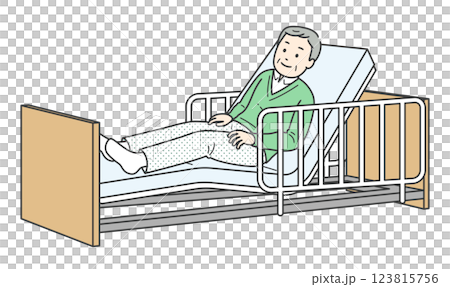 電動リクライニング介護ベッドで横になる高齢男性のイラスト 123815756