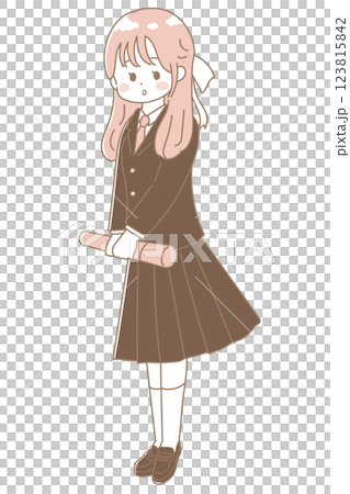 A cute illustration of a high school girl with half-up hair carrying her diploma in a tube. Illustration of a graduation ceremony. 123815842