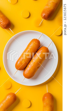 Korean corndog sausage fried with sauce on plate 123815875