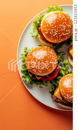 Hamburger sandwich sausage simple breakfast copy space Hamburger sandwich sausage simple breakfast copy space 123815953