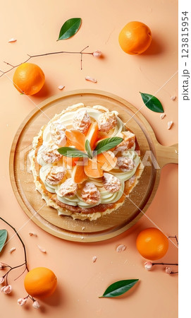 Orange cake with citrus fruity dessert story background Orange cake with citrus fruity dessert story background 123815954