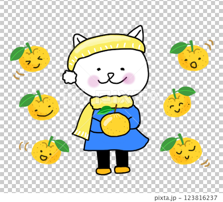 冬にゆずに囲まれている白ネコ 123816237