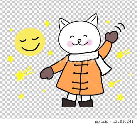 冬の晴れた日に手を振る白ネコ 123816241