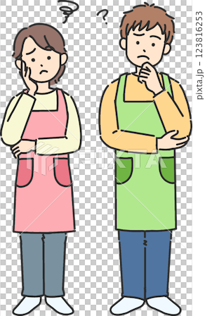 困った様子の、エプロンをしている若い男女の全身イラスト 困った様子の、エプロンをしている若い男女の全身イラスト 123816253