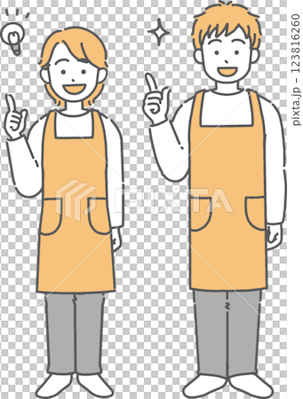 A full-body illustration of a young man and woman wearing an apron who have had an idea 123816260