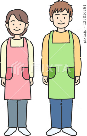 エプロンをしている若い男女の全身イラスト エプロンをしている若い男女の全身イラスト 123816261