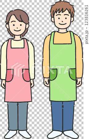 Full-body illustration of a young man and woman wearing an apron Full-body illustration of a young man and woman wearing an apron 123816261
