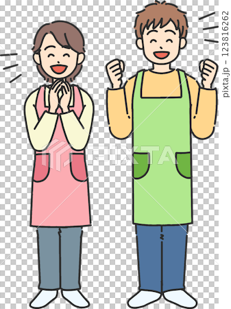 全身插圖：一位年輕男子和一位女士穿著圍裙，看起來很開心 123816262