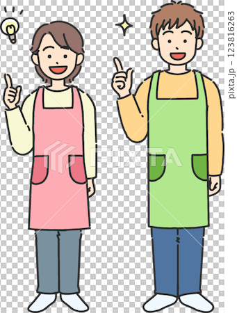 A full-body illustration of a young man and woman wearing an apron who have had an idea A full-body illustration of a young man and woman wearing an apron who have had an idea 123816263
