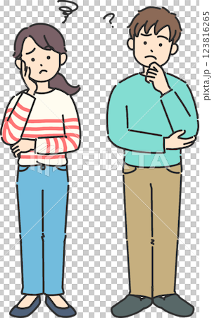 一位年輕男子和一位女子思考的全身插畫 123816265