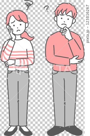 Full-body illustration of a young man and woman thinking Full-body illustration of a young man and woman thinking 123816267