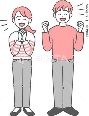 喜んでいる若い男女の全身イラスト 123816269