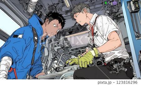 OJT：工場環境で機械の操作方法をチームメンバーに集中した表情で教える監督者 123816296