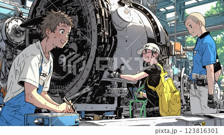 OJT：工場環境で機械の操作方法をチームメンバーに集中した表情で教える監督者