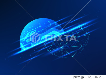 Abstract technology background. Circles with lines connecting them represent the growth and development of technology innovation, artificial intelligence, which learns and develops itself. 123816348