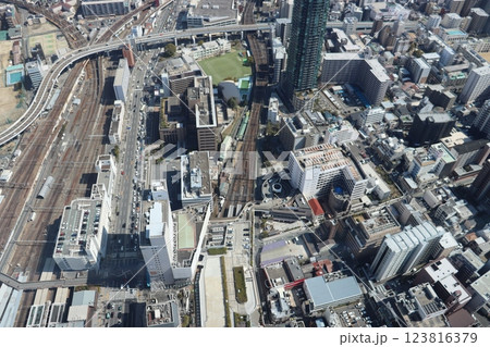 大阪市阿倍野ハルカスビル展望フロアーからみた大阪の町並、天王寺駅からの鉄道路線、阪和線。環状線、大和 123816379