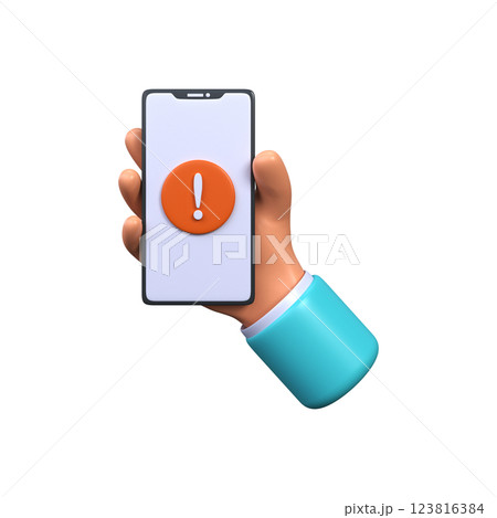 Mobile notification of errors or problems on the phone screen. 3d phone with an exclamation mark 123816384
