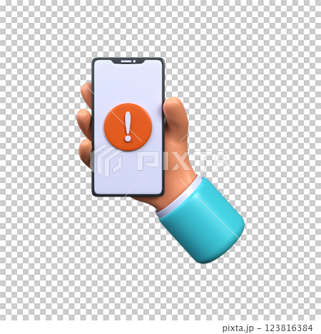 Mobile notification of errors or problems on the phone screen. 3d phone with an exclamation mark 123816384