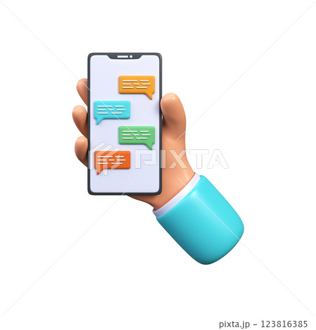 3d illustration of a chat on a mobile phone. Hand with smartphone and speech chatting. SMS exchange. 123816385