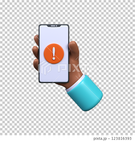 Phone in hand with an exclamation point. Error or spam notification on phone 123816393