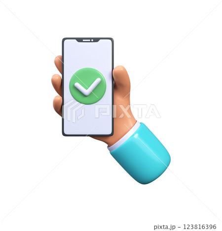 3D Hand holding a smartphone with a check mark on the screen. Green tick icon. 3D Hand holding a smartphone with a check mark on the screen. Green tick icon. 123816396