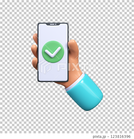 3D Hand holding a smartphone with a check mark on the screen. Green tick icon. 3D Hand holding a smartphone with a check mark on the screen. Green tick icon. 123816396