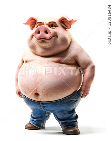 cheerful, anthropomorphic pig character wearing jeans stands confidently. ai generative 123816484