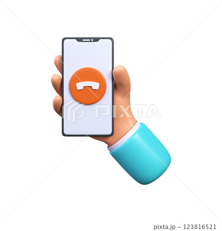 Phone call button on smartphone screen. Human hand holding smartphone with red rejected symbol 123816521