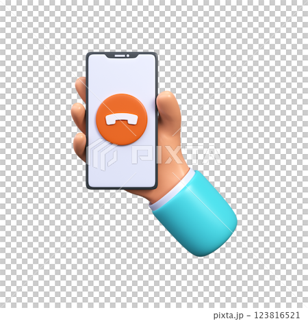 Phone call button on smartphone screen. Human hand holding smartphone with red rejected symbol 123816521