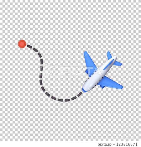 Aircraft flight path 3d icon. Airplane flight path with dotted line Aircraft flight path 3d icon. Airplane flight path with dotted line 123816571