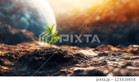 lone plant thrives on Mars under warm, glowing sun, symbolizing hope. ai generative lone plant thrives on Mars under warm, glowing sun, symbolizing hope. ai generative 123816658