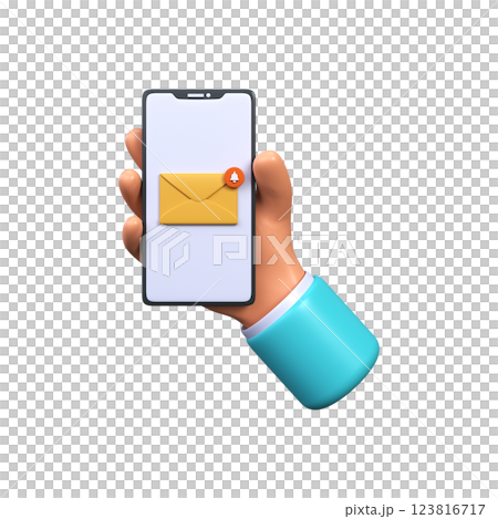 The hand holds the phone with a new letter. New email notification on phone screen. 123816717