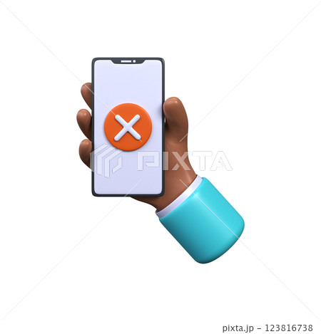 3D Hand holding smartphone with cancel sign on smartphone screen. 3D Hand holding smartphone with cancel sign on smartphone screen. 123816738