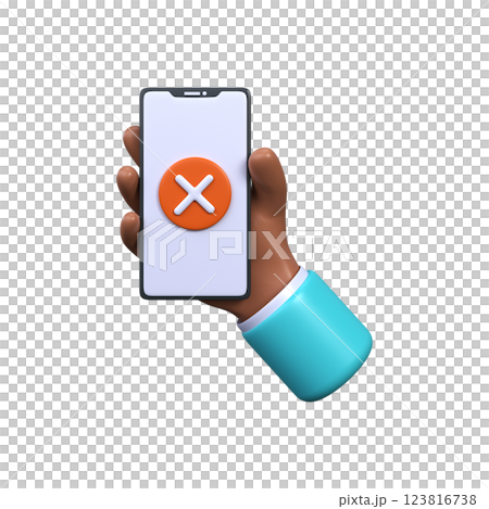 3D Hand holding smartphone with cancel sign on smartphone screen. 3D Hand holding smartphone with cancel sign on smartphone screen. 123816738