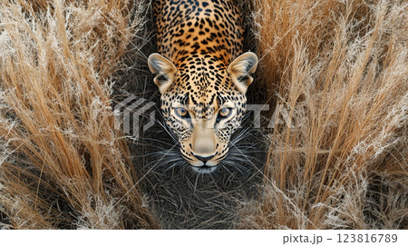 Leopard stealthily ambushing prey in tall grass, showcasing its intense focus. ai generative 123816789
