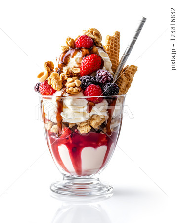 delicious ice cream sundae with berries, nuts, and waffle cones in glass. ai generative 123816832