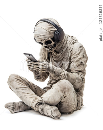 mummy wearing headphones uses smartphone while sitting cross legged. ai generative 123816833