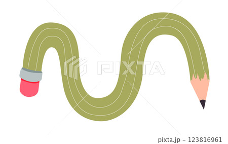 Twisted curved comic pencil doodle sketchy. Line hand drawn simple pencil. Funky flexible school supplies. Trendy writing tool 123816961