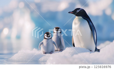 Penguin family on icy landscape with two chicks and adult penguin. ai generative 123816976