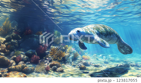 dugong gracefully swims underwater surrounded by vibrant coral and rocks. ai generative 123817055