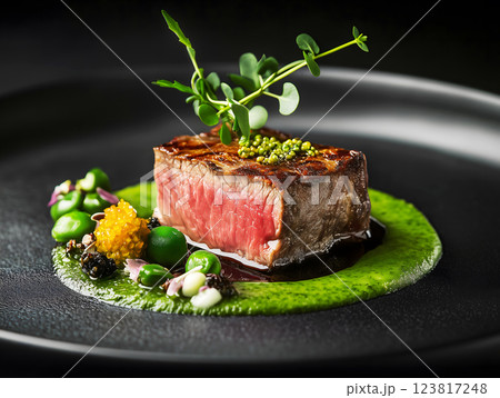 succulent grilled steak garnished with herbs and vegetables on black plate. ai generative 123817248